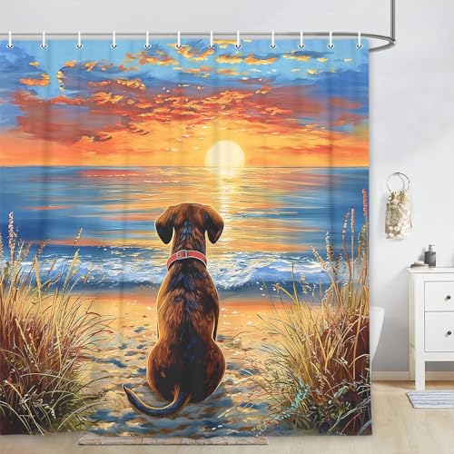 Image of Funny Dog Shower Curtain, Hilarious Dog on Sunset Sunrise Beach Seascape Art Shower Curtain Set, Nautical Ocean Bath Accessories Coastal Seaside Bathroom Decor with 12PCS Hooks, 70X70IN