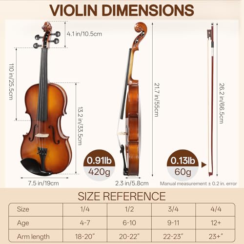 Image of Kmise Teacher Approved 3 /4 Size Violin Starter Kit for Adults Beginners Students, High Density Ebony Acoustic Violins, Fiddle Bundle with Case, Bow, Rosin, Strings, Shoulder Rest & Guide