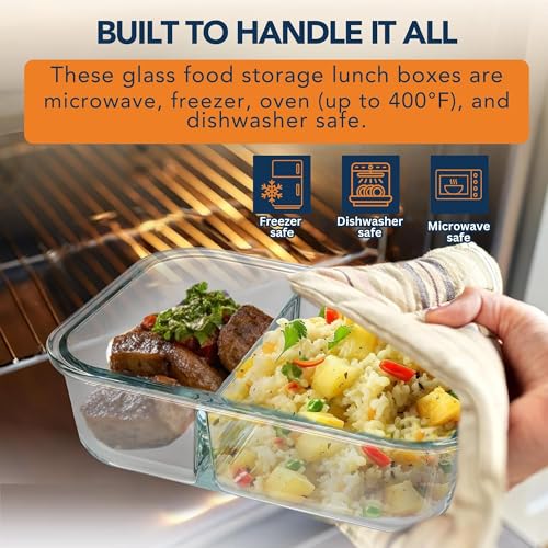Image of Glass Lunch Box with 2 Compartments | Leakproof Borosilicate Glass Lunch Container with Airtight Lid | BPA Free Tiffin Box for Office, School & Travel (980ml)
