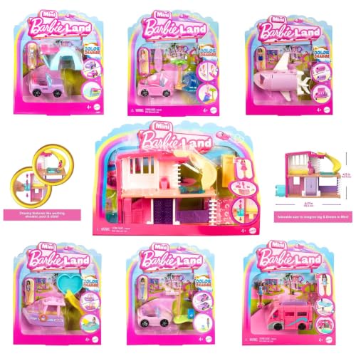 Barbie Mini Land Playsets Doll & Toy Vehicle Sets Bargain Bundles - (7 Piece Bundle)