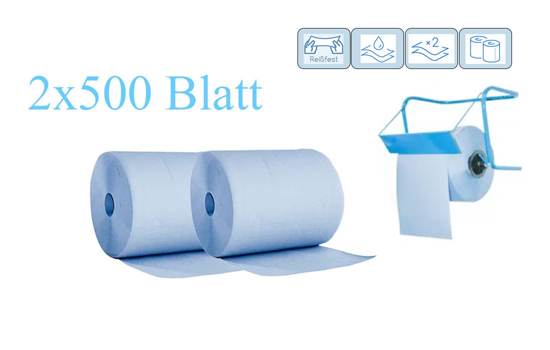Putzrollen Blau 2-lagig – 2 Rollen à 500 Blatt (1000 Blatt), 36 x 36,5 cm, Industrie Papierwischtücher, saugstark & reißfest, Werkstatt & Gastronomie
