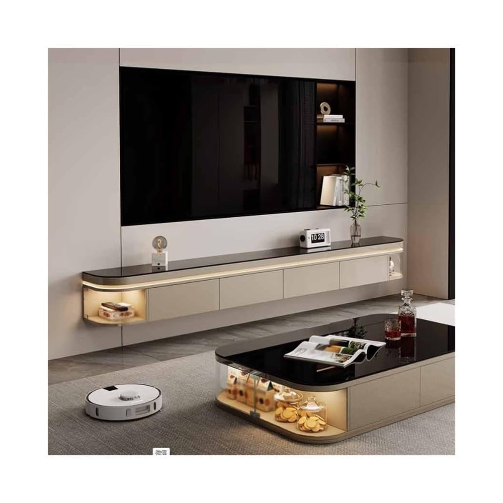 Mobile TV Mobile TV sospeso con luce a LED, mobile TV sospeso da tavolo in vetro Mobile TV moderno e minimalista montato a parete in legno con anta ribaltabile e cassetti Used for living room(200cm)
