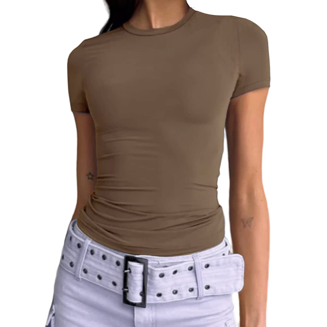 Dwnval Womens Basic Summer Short Sleeve Tight Fitted Workout Crop Tops