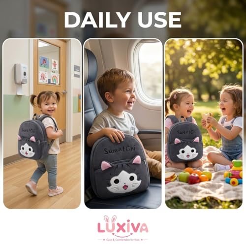 Image of Cartoon Plush Kids School Bag 2-6 Years | Soft Toy Backpack for Boys & Girls | Toddler Nursery Preschool Bag | Lightweight Adjustable Straps