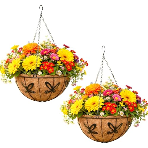 Qusuxi 2 Pack 12 Inch Metal Outdoor Hanging Baskets Black