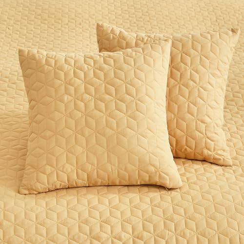 Image of Oversized King Bedspread 128x120 Extra Wide, Diamond Geometric Quilt Set King /Cal King, Lightweight Reversible Coverlet, Straight Edge - Warm Contemporary Look, 5 Piece, Honey Gold
