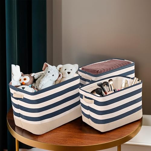 Image of Kuber Industries (Set of 12) Foldable Cosmetic & Skincare Dressing Table Organizer | Space-Saving Storage Boxes for Makeup Items /Hair Gadgets & Jewellery Holder | GM-30-BLU | White & Blue Stripe