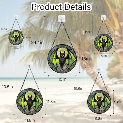 Image of Stained Glass Window Hanging - Halloween Black Bat Green Wings Monster Suncatcher for Doors Garden Home Spooky Sun Catchers Gothic Decor Horror Gift for Women Men Friend Boy Girl 6.3 in
