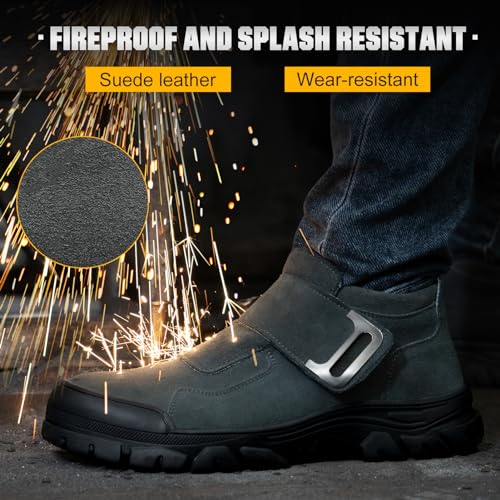 Image of Hogent Welding Work Boots for Men Slip on Steel Toe Shoes for Men Soft Comfortable Safety Boots Mens Work Boots Indestructible Puncture Proof Construction Boots for Men Safety Toe Footwear for Welder