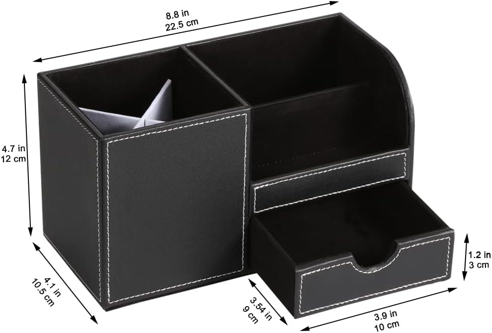 KINGFOM Desk Organizer Office Supplies Caddy Pu Leather Multi-function Storage Box Pen/Pencil,Cell phone, Business Name Cards Remote Control Holder with Small Drawer Black