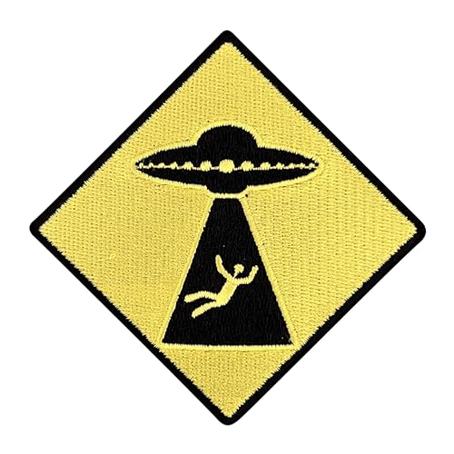 Urbanski Patch Señal amarilla ‘Precaución OVNIs’ parche bordado termoadhesivo 7,4 x 7,4 cm | Aplique para planchar o coser
