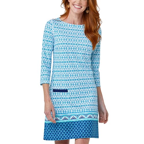 Cabana Life Shift Dress UPF 50+ Sun Protection Casual Dress Boat Neckline Quarter Sleeve Womens Fashion Aruba Blues X-Small