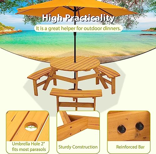 Camping Table, 6 Person Outdoor Wooden Picnic Table with Benches, Outdoor Round Patio Table Dining Table w/ 3 Built-in Benches + Umbrella Hole, Perfect for Garden Yard Pub Beer, 1720lb Capacity- Natur