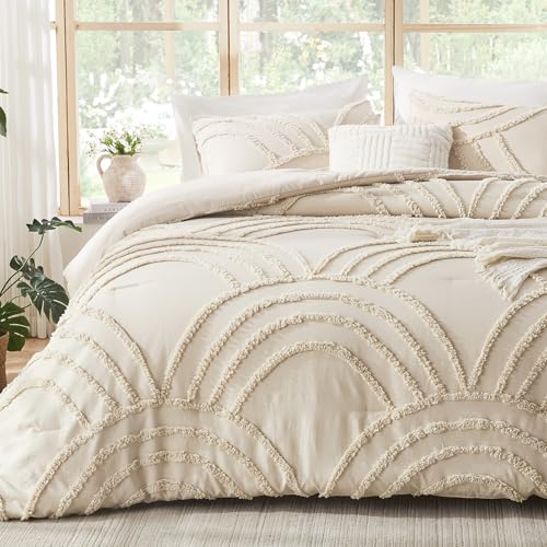 ENJOHOS Boho Comforter Set 3PC, Full Size, Beige, Dorm Bedding Sets for College Girls, Tufted Rainbow Design, Fluffy Lightweight Breathable Microfiber Comfoter