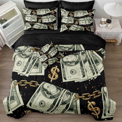 Dreamwaka Dollar King Bedding Comforter Set Black Gold Money Bed in a Bag 8 Pieces Dollar Check Comforter Set with Black Sheet Set with 1 Money Cushion Cover (King, Dollar)