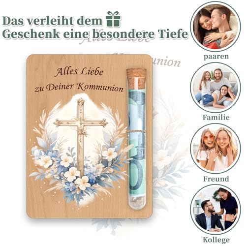 PIujsym Geldgeschenk Holz Karte mit Reagenzglas Alles Liebe zu Deiner Kreuz Blumen hölzernes Souvenir für kommunion geschenk junge und kommunion geschenke für mädchen Geschenkidee Deko