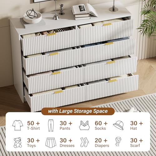 Image of Furniway White Dresser Bedroom Set 3 Pieces, Nightstands Sets of 2, 8 Drawer Dresser with Gold Handles for Bedroom