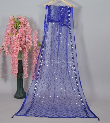 Net Dupatta/Chunni/Neck Scarf Embroidered with Sequins Royal Blue for Women's/Girls 85x44 Inch - 1 Piece2