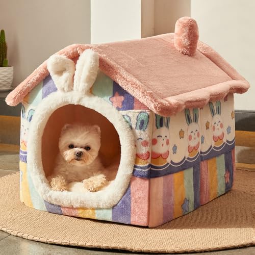 Jiupety Cuccia Cane Interno Chiusa Taglia Media con Motivo a Stella, Cuccia Pelosa per Cani da Interno Taglia L 53 x 43 x 46 CM, Dog House, Rainbow Bunny