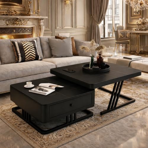 Image of Two Square Stacking Nesting Coffee Tables with Metal Frames, Wooden Tops, and Handcrafted Drawers Contemporary Centre Couch Table for Living Rooms Bedrooms, & Apartments (Black)