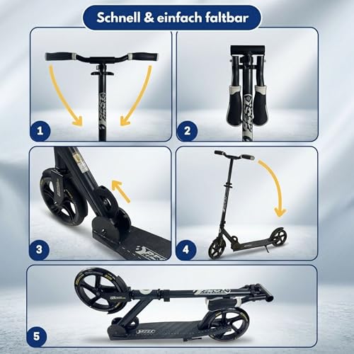 Best Sporting Scooter Erwachsene und Kinder I klappbarer Roller mit Ständer I schwarz I hochwertiger City-Roller für Erwachsene I Tretroller mit Rollengröße 205 mm I ergonomischer Lenker
