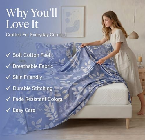 Image of BSB HOME 210 TC Cotton Feel Double Bedsheet with 2 Pillow Covers, Soft & Breathable Floral Printed Bed Sheet, Easy Care Bedding for Bedroom - 86 x 88 Inches (218 x 224 cm) (Periwinkle Blue)