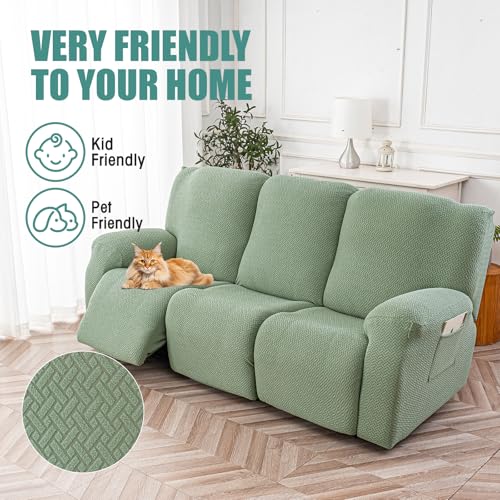 Image of Genina Recliner Sofa Covers - Stretch Reclining Couch Covers with Stripe Jacquard - 3 Seat Cushion Slipcovers with Soft Fabric - Furniture Protector for Pet Kid (Matcha Green)