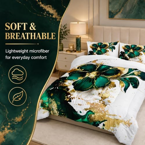 Image of AILONEN Marble Bedding Set Twin Size,Gold Green Floral Comforter Set,Marble Comforter Sets for Kids Girls,Luxury Lightweight Duvet Set 3 Pieces,1 Quilt and 2 Pillowcases