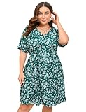 ShopWonder Womens Plus Size V Neck Batwing Sleeve Empire Waist Shift Dress Floral Print Boho Mini Dr