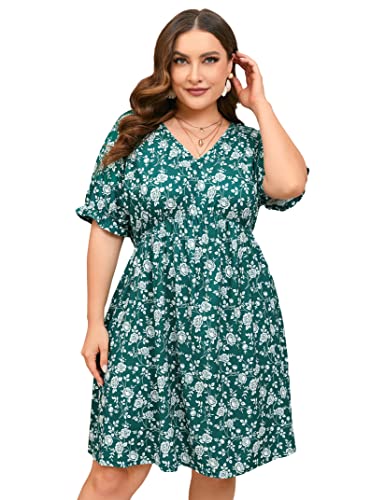 Shopwonder Womens Plus Size V Neck Batwing Sleeve Empire Waist Shift Dress Floral Print Boho Mini Dress Green Flower Xxl #TOP7