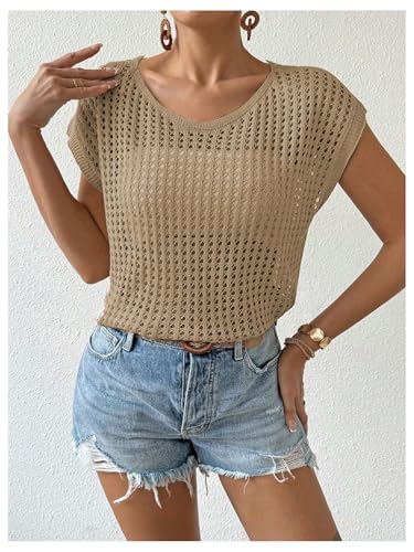 Image of Verdusa Women's Hollow Out Sheer Knit Top Dolman Sleeve Pullover Cover Up