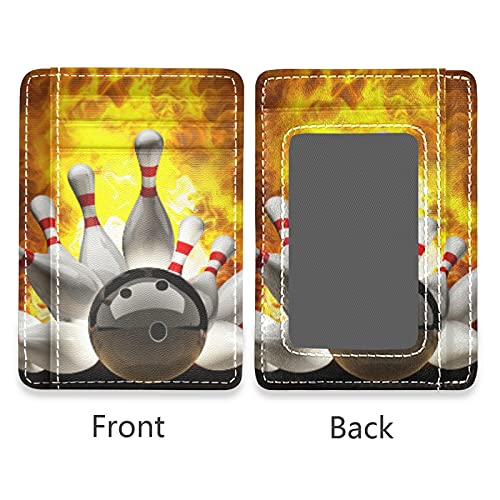 Abstract Bowling Ball Crashing into the Pins on fire Slim Minimalist Wallet, Front Pocket RFID Blocking Leather Credit Card Holder, Case Protector Covers for Men Women2