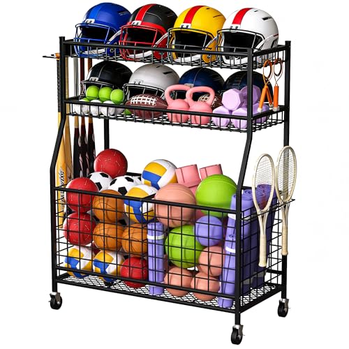 Sports Gear Organizer, Garage Ball Storage Rack with Wheels, Rolling Ball Storage Cart for Basketballs Soccer Bats Helmets Toys, Multi-Functional Ball Rack Organizer for Indoor Outdoor Use, Black