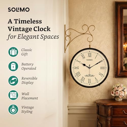 Image of Amazon Brand - Solimo Vintage Station Analog Clock One Side Roman and Other Side Numeral Dial (12 Inch Black with Brass Finish)