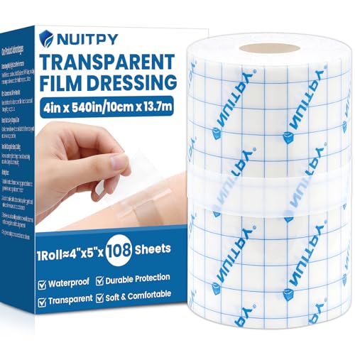 Transparent Film Dressing Roll 4in x 15 Yards Waterproof Tattoo Aftercare Bandage Waterproof Adhesive Bandages for Wound Care IV Shield Shower & Swimming (About 108 Sheets of 4x5 Film)