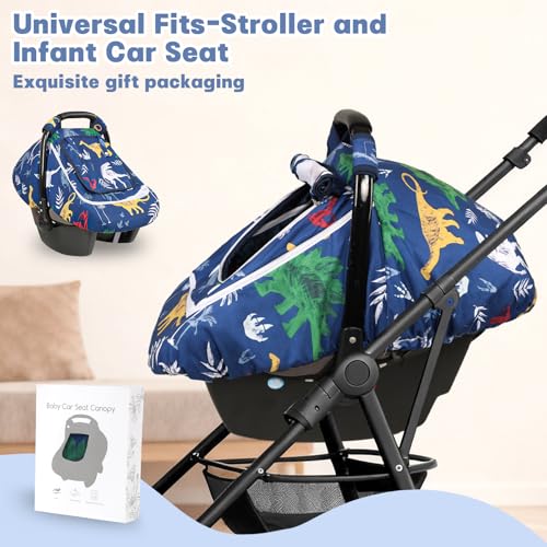 Image of Hooyax Baby Car Seat Cover with Dual Zipper, Extra Large Mesh Window Carseat Canopy, All-Season Weather Protection for Infant Car Seats & Strollers (Dinosaur)