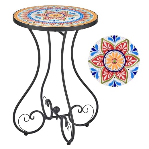 VONLUCE Round Side Table, Indoor and Outdoor Plant Stand, Small Coffee Table with 36cm Ceramic Tile Top for Patio Balcony, 53cm Tall Mosaic Garden Table, Living Room End Table or Bedside Table, Floral