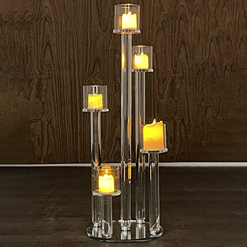 Image of Allgala 23 Inch Glass Candelabra (58CM) Tall 5-Cup Crystal Solid Glass Tube Rod Supported Votive Candelabra-HD89128 - for Wedding Bridal Formal Events