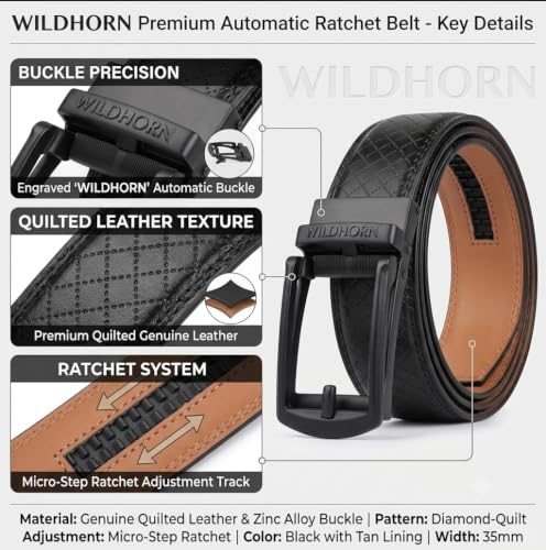 Image of WildHorn Men's Genuine Leather Belt for Men| Premium Auto-Lock Buckle | Adjustable up to 48 inch | Formal & Casual Wear | Micro-Adjust Fit | Stylish Gift Box Included