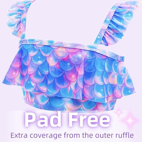 Girls Mermaid Swimsuit 3 Piece Bathing Suits, Adjustable Ruffled Bikini Top, with Cover up Skirt Fish Scale Design for 3-10Y2