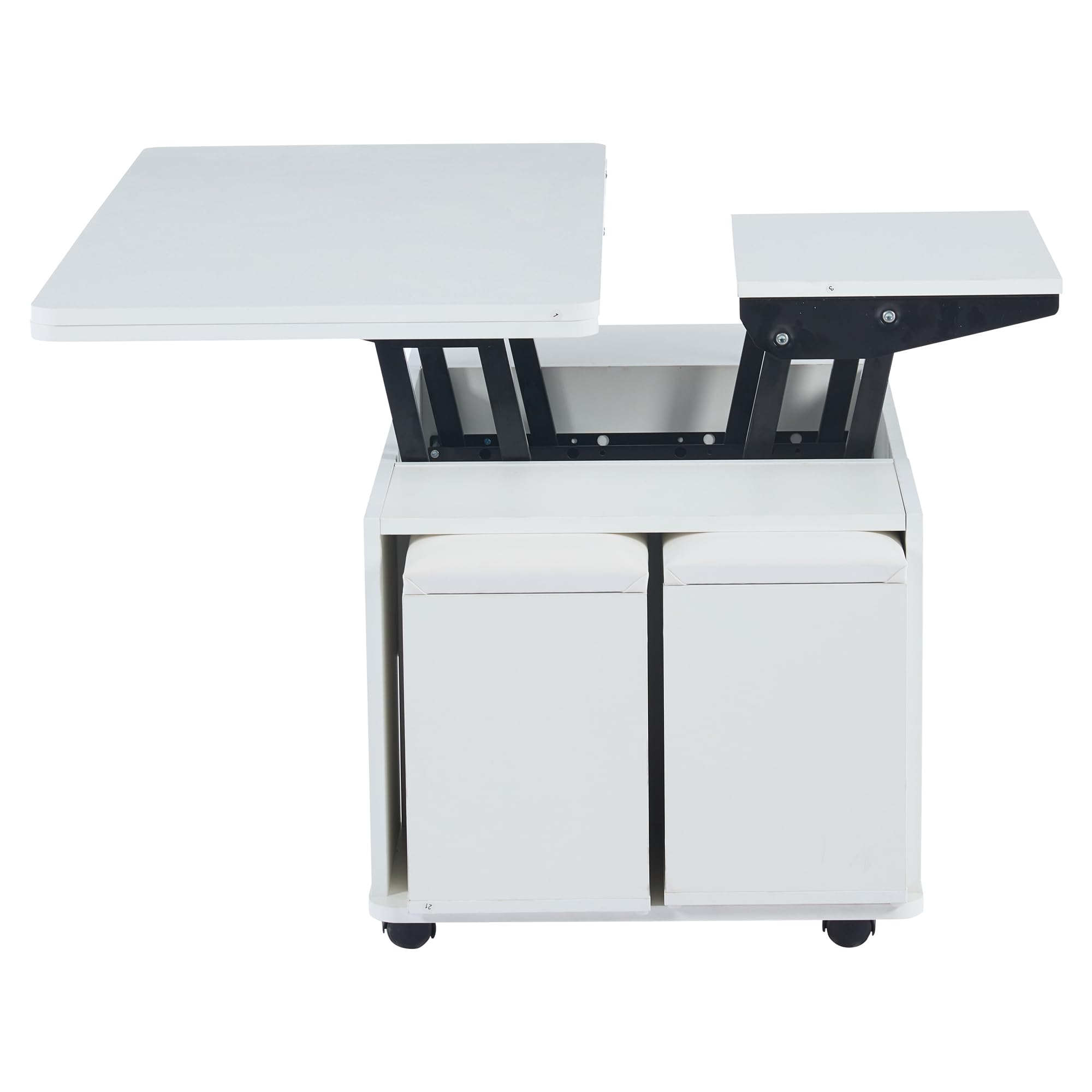 Mesa de centro regulable en altura, mesa de sofá móvil, mesa de centro multifunción 4 en 1, convertible en sala de estar, comedor, mesa de centro con cajones, con 4 taburetes, color blanco