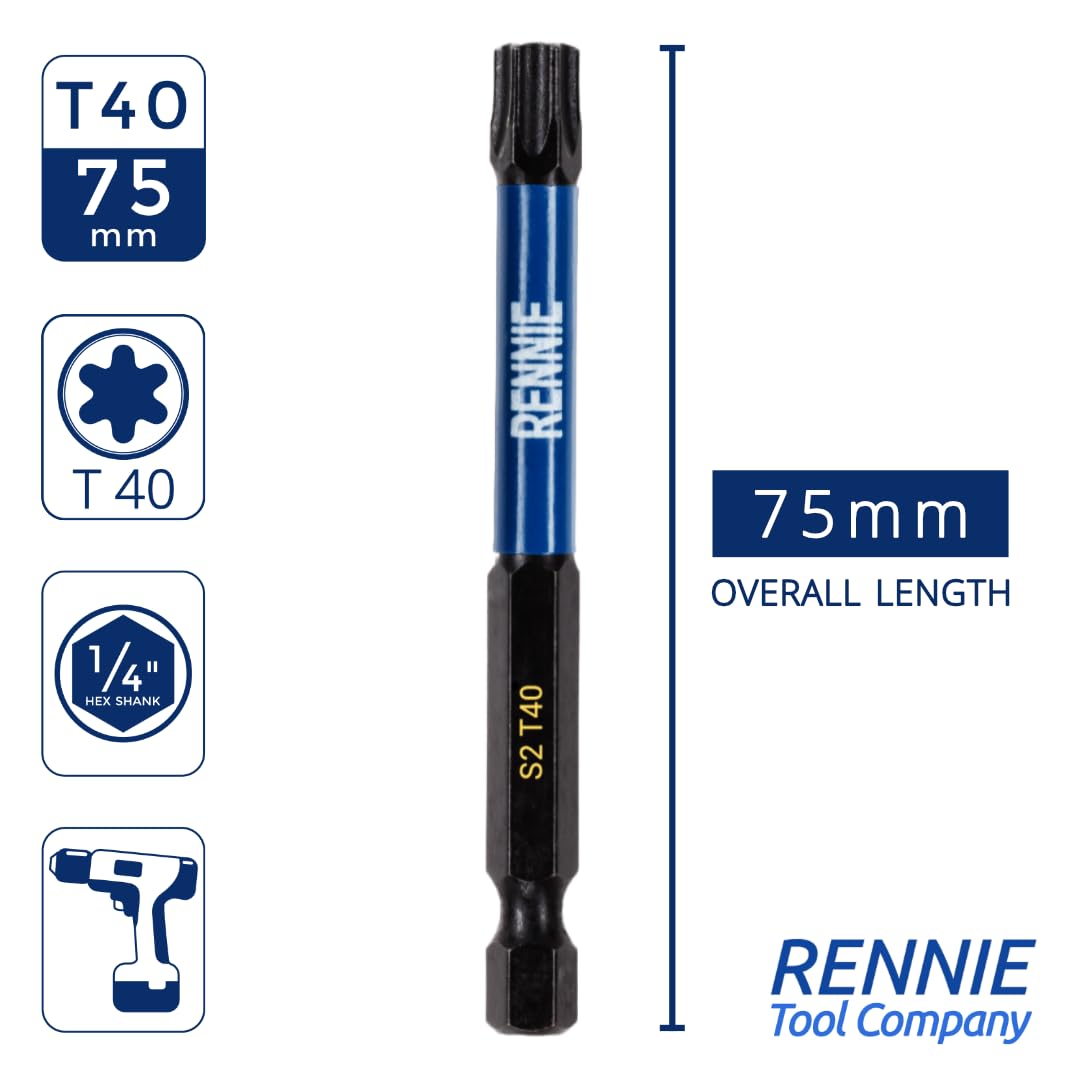 5 x Rennie Tools 75mm Long T40 TX40 Impact Screwdriver Driver Bits Set. Heavy Duty Magnetic Torx Screwdriver Bit Set. Black Oxide Coated Torx Impact Driver Bits. Torx Bit Set - Image 2