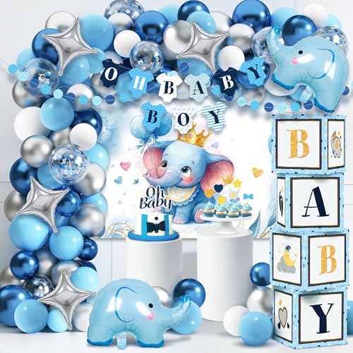PARTY SPOT! 149 pcs Baby Shower Decorations for Boy, 4 Pcs Balloon Boxes,Elephant Foil Balloons, Blue Elephant Theme Baby Shower Decorations Gender Reveal Party Supplies
