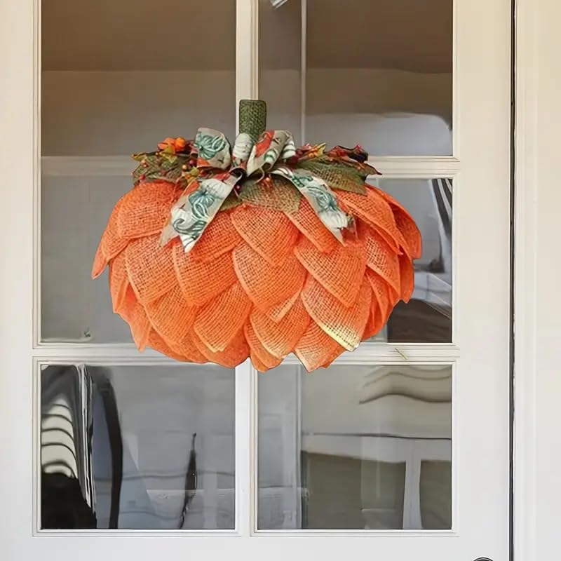 Layered Orange Fabric Pumpkin Door Hanger with Floral Bow, Fall...
