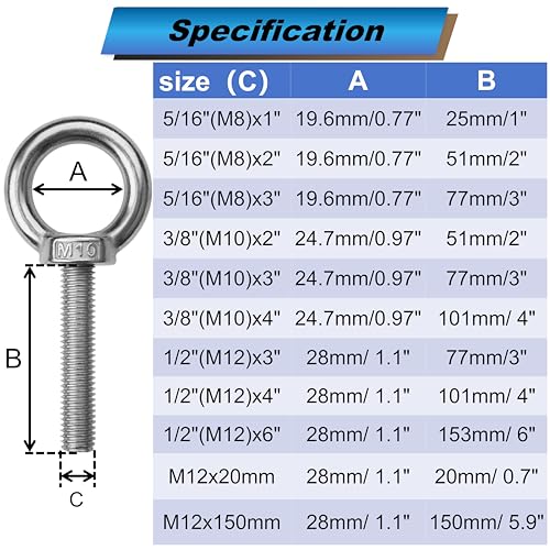 Image of 2 Pack M10 Eye Bolts with Nuts, 304 Stainless Steel 3 /8 inch x 2 inch Heavy Duty Lifting Eye Bolts, Metric M10x51mm Ring Eye Bolt for Hanging, Tie Down, Outdoor & Hardware Fixing (2, 3 /8 inchx2 inch)