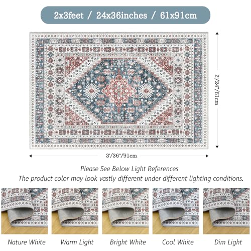 Madane Washable Area Rug 2x3, Small Entryway Rug Non-Slip Vintage Door Mat Indoor Entrance, Low Pile Floor Carpet for Inside Front Door Bedroom Kitchen Entry Laundry (2'x3', Navy Blue)