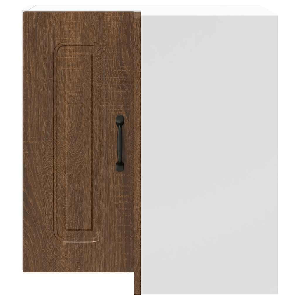 Eck-Wandschrank, Küche, Holz, Eiche, Braun | Glatte Oberfläche, feuchtigkeitsbeständig, verdeckte Tür, Wandhalterung, pflegeleicht, feuchtes Tuch