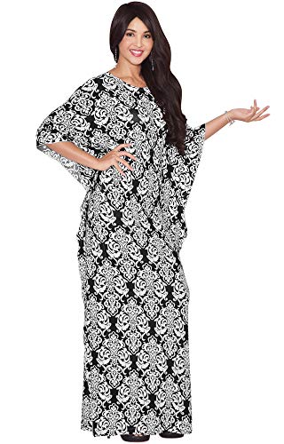 KOH KOH Womens Damask Print Long Kaftan Boho Casual Evening Flowy Party Bohemian Maternity Modest Moroccan Fancy Gown Gowns Maxi Dress Dresses Abaya Muslim, Black & White L 12-14