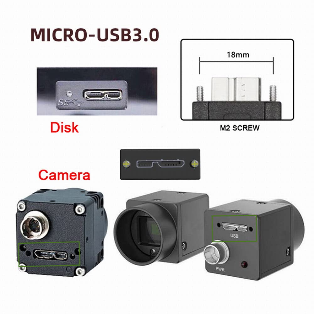 CY Cable Micro USB3.0 con bloqueo de tornillo único a USB3.0 de datos 5Gbps y alimentación para cámara industrial de realidad virtual y computadora (8.0m con chipset)