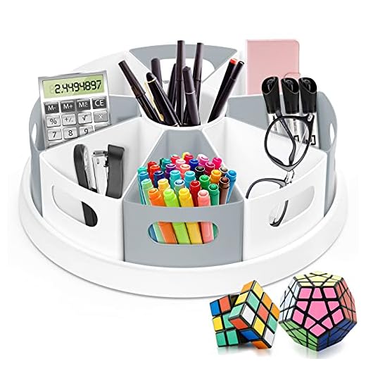 MeCids 360 Rotating Storage Organizer Desk Organizers Pen Holder– 12” Lazy Susan Style Caddy with Removable Bins, for Home Office Supplies, Art Supplies, Make-up & Kitchen Use, with Card & Gift Box